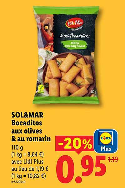 SOL&MAR Bocaditos aux olives & au romarin 110 g (1 kg = 8,64 €) avec Lidl Plus au lieu de 1,19 € (1 kg = 10,82 €)