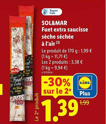 SOL&MAR Fuet extra saucisse sèche séchée à l'air