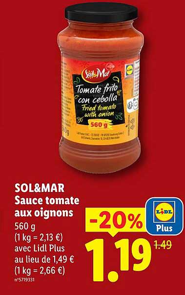 SOL&MAR Sauce tomate aux oignons 560 g