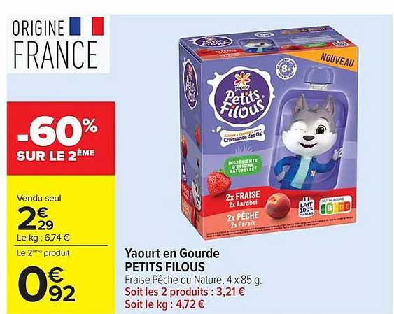 Yaourt en Gourde PETITS FILOUS Fraise Pêche ou Nature, 4 x 85 g