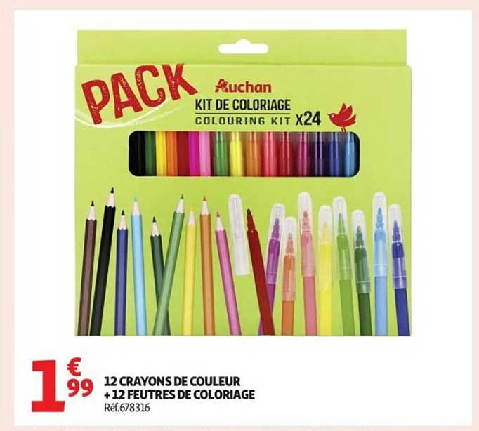 12 CRAYONS DE COULEUR + 12 FEUTRES DE COLORIAGE