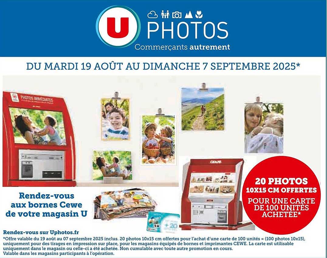 20 PHOTOS 10X15 CM OFFERTES POUR UNE CARTE DE 100 UNITÉS ACHETÉE