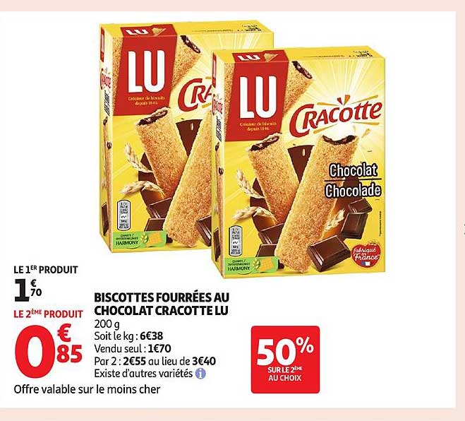 Biscottes fourrées au chocolat Cracotte LU