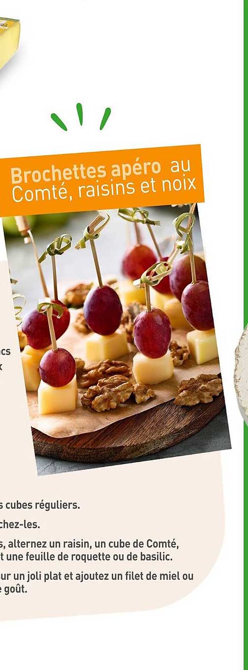 Brochettes apéro au Comté, raisins et noix