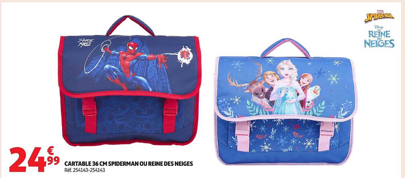 CARTABLE 36 CM SPIDERMAN OU REINE DES NEGES