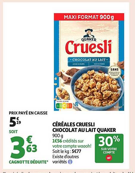 Céréales Cruesli Chocolat au Lait Quaker 900 g