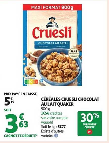 CÉRÉALES CRUESLI CHOCOLAT AU LAIT QUAKER