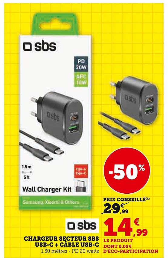 CHARGEUR SECTEUR SBS USB-C + CÂBLE USB-C