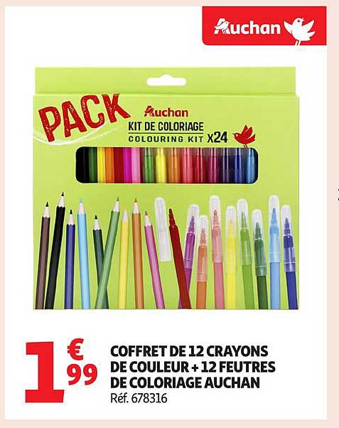 Coffret de 12 crayons de couleur + 12 feutres de coloriage Auchan