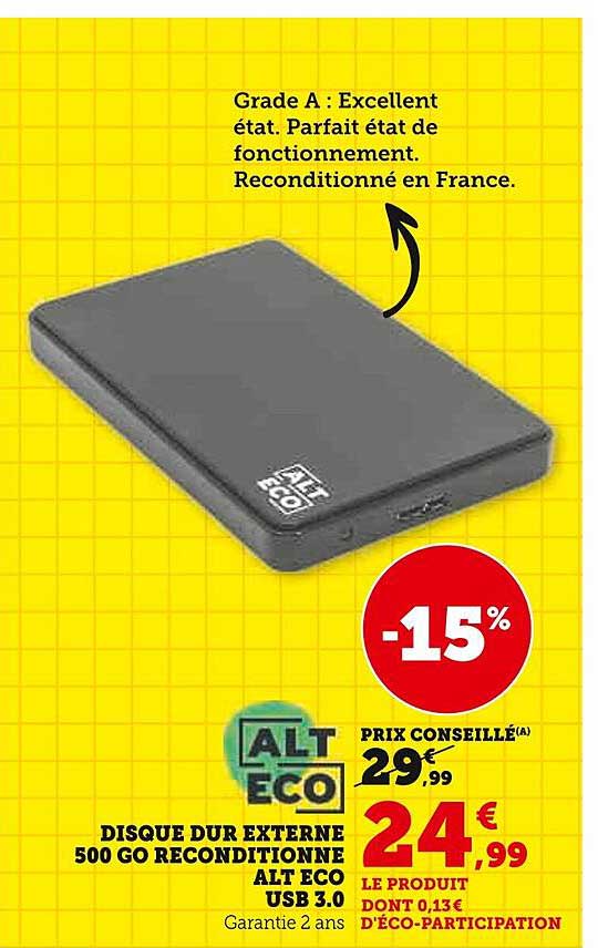 DISQUE DUR EXTERNE 500 GO RECONDITIONNE ALT ECO USB 3.0