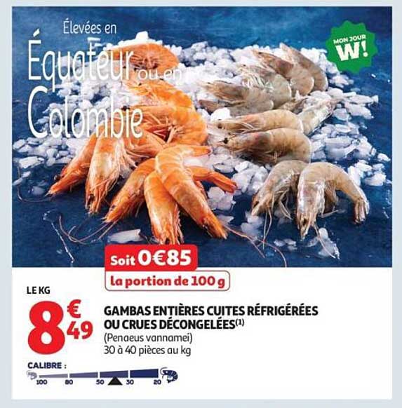 Gambas entières cuites réfrigérées ou crues décongelées