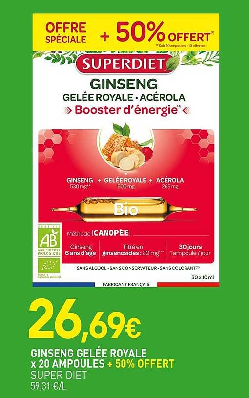 GINSENG GELÉE ROYALE ACÉROLA x 20 AMPOULES + 50% OFFERT