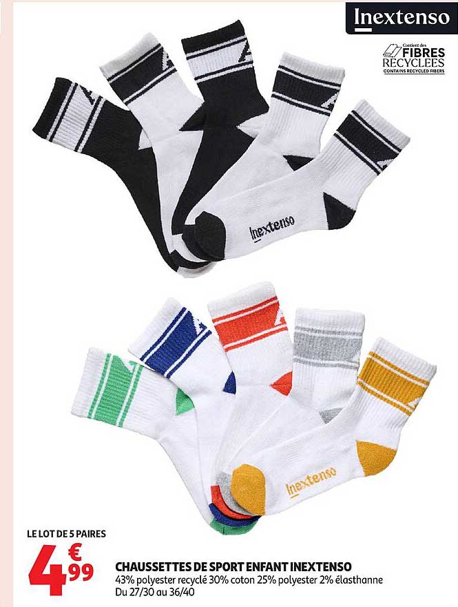 LE LOT DE 5 PAIRS CHAUSSSETTES DE SPORT ENFANT INEXTENSO