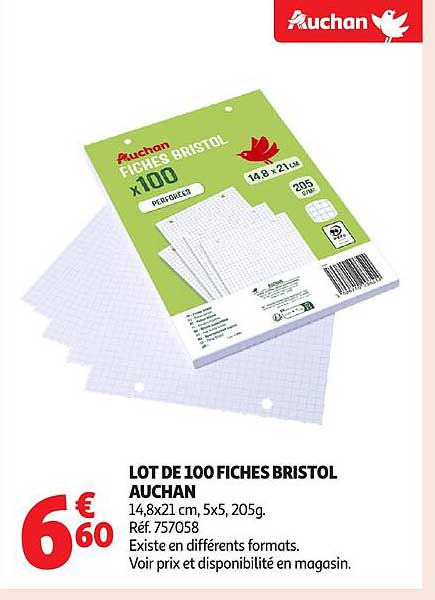 LOT DE 100 FICHES BRISTOL AUCHAN