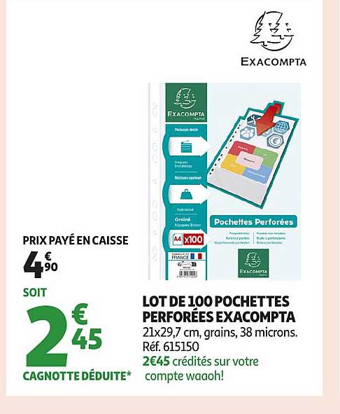 LOT DE 100 POCHETTES PERFORÉES EXACOMPTA