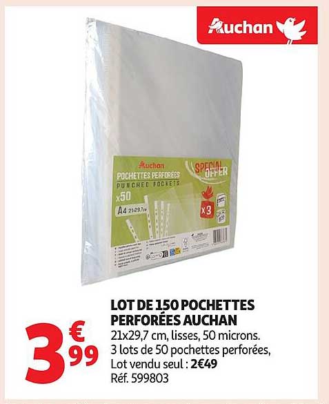 LOT DE 150 POCHETTES PERFORÉES AUCHAN