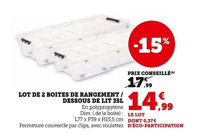 LOT DE 2 BOITES DE RANGEMENT / DESSOUS DE LIT 35L