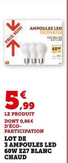 LOT DE 3 AMPOULES LED 60W E27 BLANC CHAUD