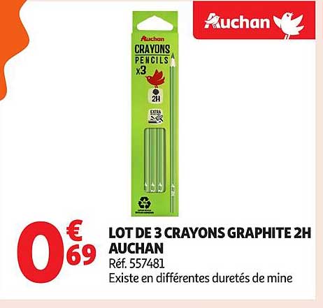 LOT DE 3 CRAYONS GRAPHITE 2H AUCHAN
