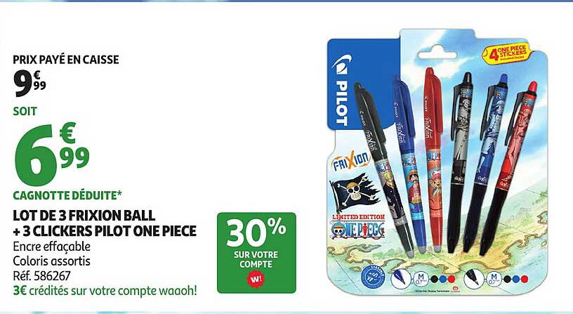 LOT DE 3 FRIXION BALL + 3 CLICKERS PILOT ONE PIECE