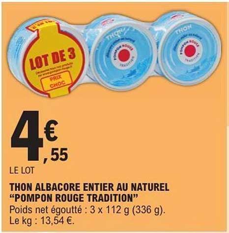 LOT DE 3 THON ALBACORE ENTIER AU NATUREL "POMPON ROUGE TRADITION"