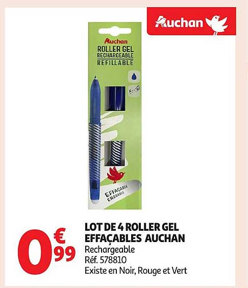 LOT DE 4 ROLLER GEL EFFACABLES AUCHAN