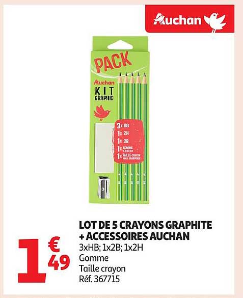 LOT DE 5 CRAYONS GRAPHITE + ACCESSOIRES AUCHAN