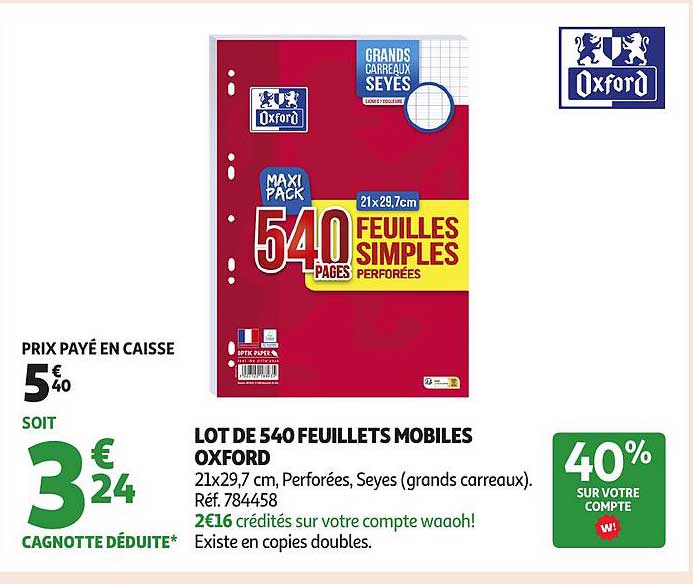 LOT DE 540 FEUILLETS MOBILES OXFORD