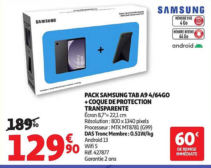 PACK SAMSUNG TAB A9 4/64GO + COQUE DE PROTECTION TRANSPARENTE