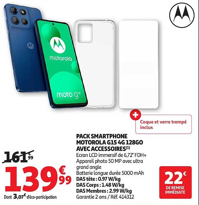 PACK SMARTPHONE MOTOROLA G15 4G 128GO AVEC ACCESSOIRES