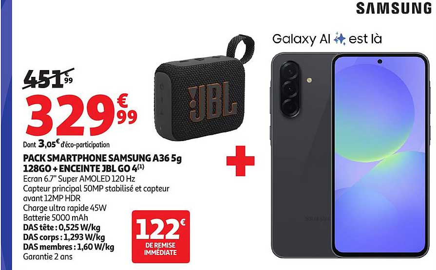PACK SMARTPHONE SAMSUNG A36 5G 128GO + ENCEINTE JBL GO 4
