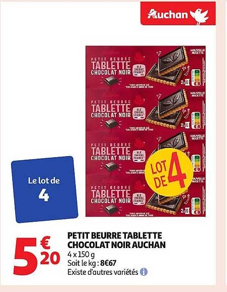 PETIT BEURRE TABLETTE CHOCOLAT NOIR AUCHAN