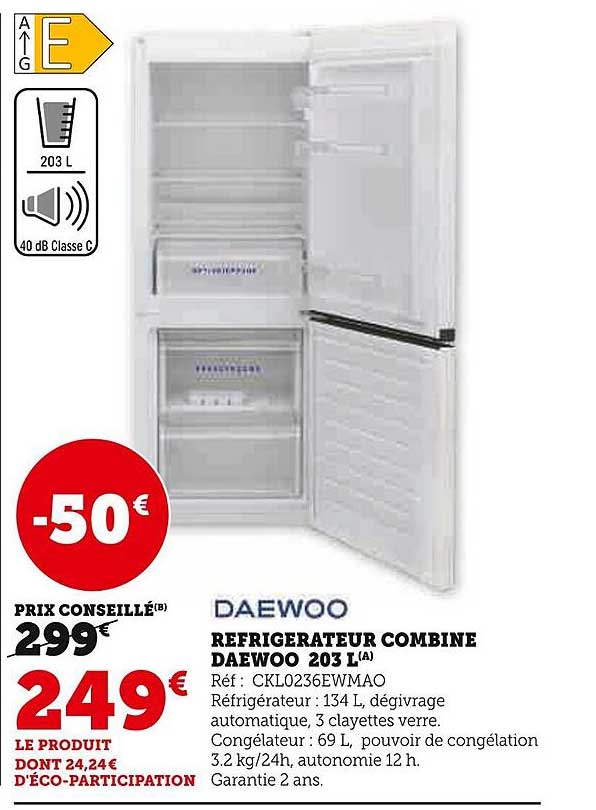 RÉFRIGÉRATEUR COMBINE DAEWOO 203 L