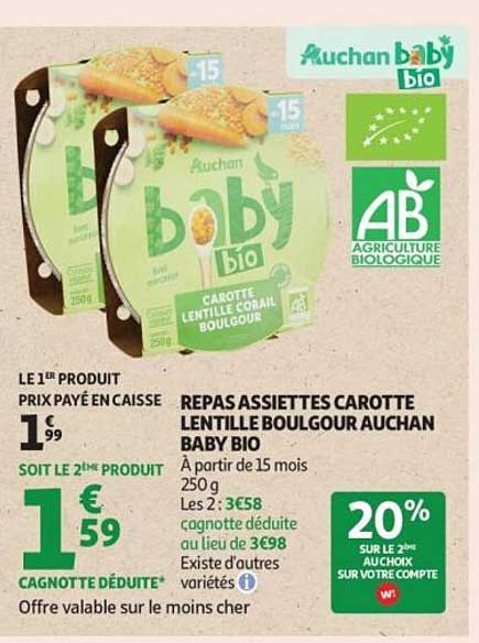 Repas assiettes carotte lentille boulgour Auchan Baby Bio