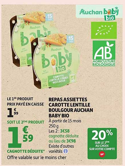 REPAS ASSIETTES CAROTTE LENTILLE BOULGOUR AUCHAN BABY BIO