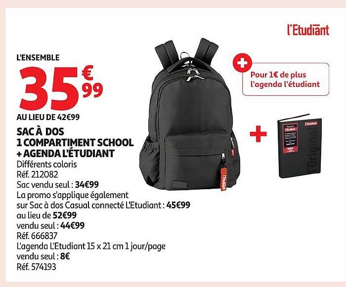 SAC À DOS 1 COMPARTIMENT SCHOOL + AGENDA L'ÉTUDIANT
