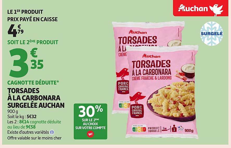 TORSADES À LA CARBONARA SURGELÉE AUCHAN