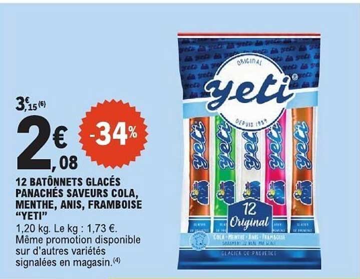 12 bâtonnets glacés panachés saveurs cola, menthe, anis, framboise “YETI”