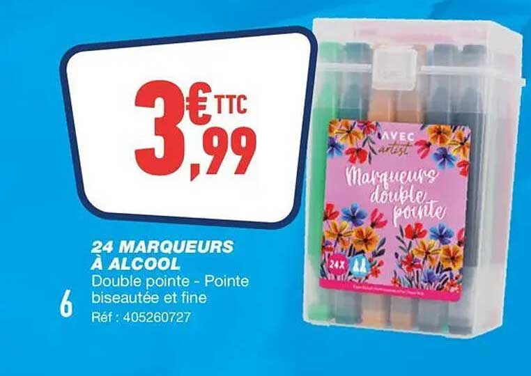 24 MARQUEURS À ALCOOL Double pointe - Pointe biseautée et fine