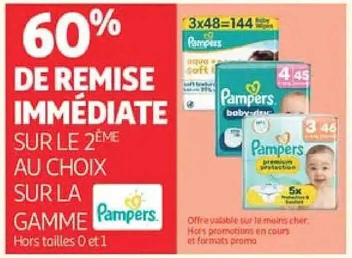 60% DE REMISE IMMÉDIATE SUR LE 2ÈME AU CHOIX SUR LA GAMME Pampers Hors tailles 0 et 1