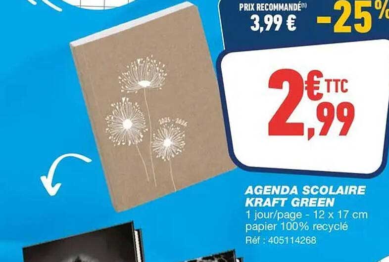 AGENDA SCOLAIRE KRAFT GREEN 1 jour/page - 12 x 17 cm papier 100% recyclé Réf : 405114268