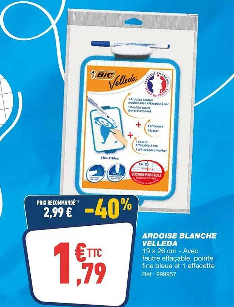 ARDOISE BLANCHE VELLEDA 19 x 26 cm - Avec feutre effaçable, pointe fine bleue et 1 effacette