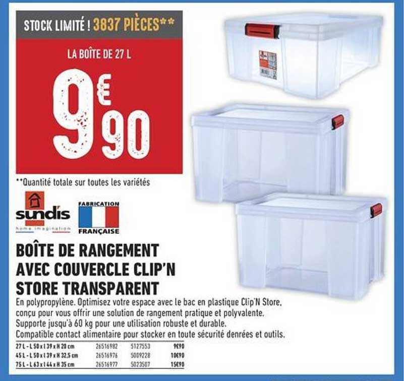 BOÎTE DE RANGEMENT AVEC COUVERCLE CLIP'N STORE TRANSPARENT