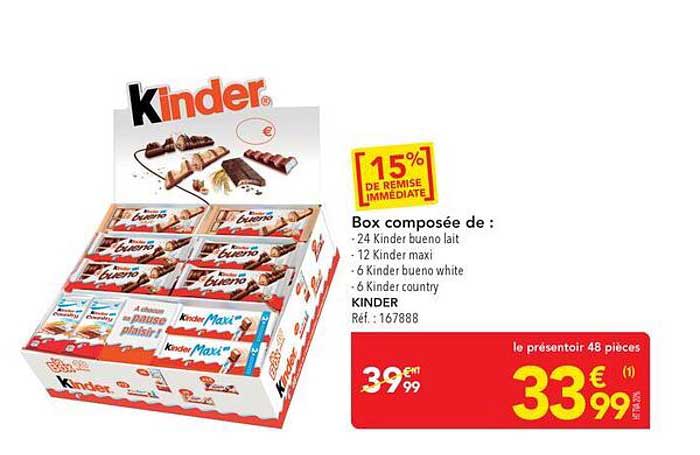Box composée de : 24 Kinder bueno lait - 12 Kinder maxi - 6 Kinder bueno white - 6 Kinder country KINDER Réf. : 167888
