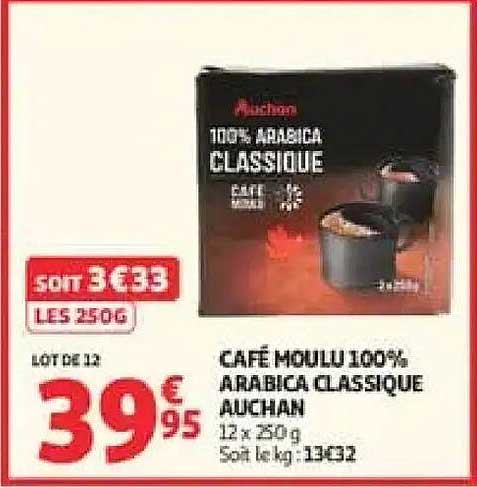 CAFÉ MOULU 100% ARABICA CLASSIQUE AUCHAN 12 x 250 g soit le kg : 13€32