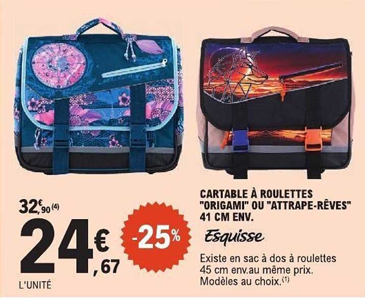 CARTABLE À ROULETTES "ORIGAMI" OU "ATTRAPE-RÊVES" 41 CM ENV.