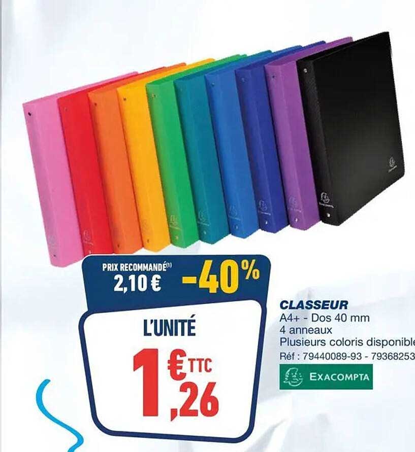 CLASSEUR A4+ - Dos 40 mm 4 anneaux Plusieurs coloris disponibles