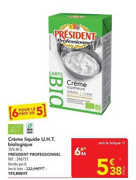 Crème liquide U.H.T. biologique 35% M.G. PRÉSIDENT PROFESSIONNEL