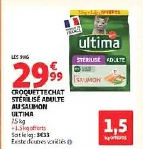 CROQUETTE CHAT STERILISE ADULTE AU SAUMON ULTIMA 7,5kg + 1,5kg offerts