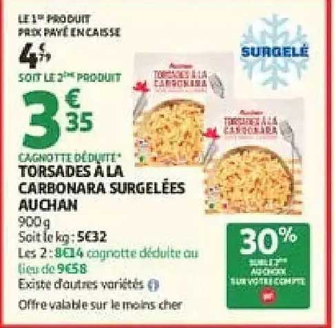 GARNITTE DÉBUTÉE TORSADE À LA CARBONARA SURGELÉES AUCHAN